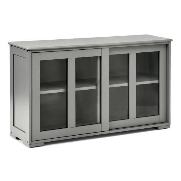 Grey Wood Buffet Kitchen Dining Sideboard Storage Cabinet w/ Glass Sliding Door - PRHOMZ