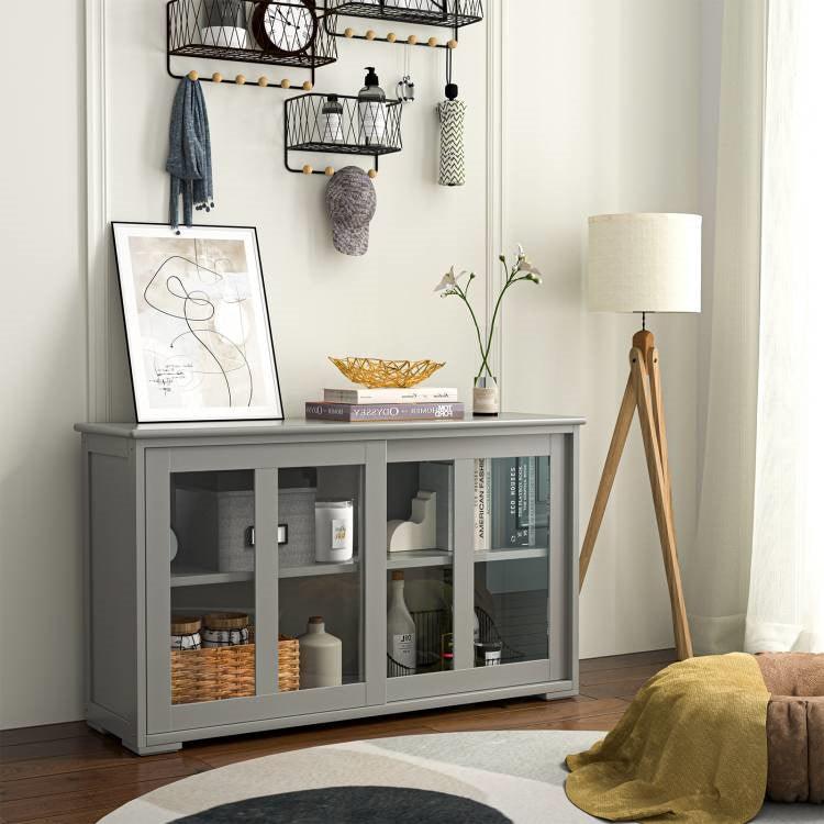 Grey Wood Buffet Kitchen Dining Sideboard Storage Cabinet w/ Glass Sliding Door - PRHOMZ