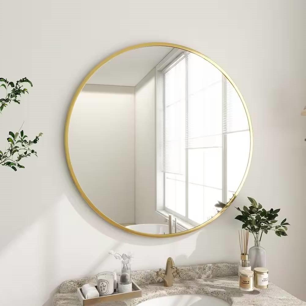 Round 24-inch Circular Bathroom Wall Mirror with Gold Frame - PRHOMZ
