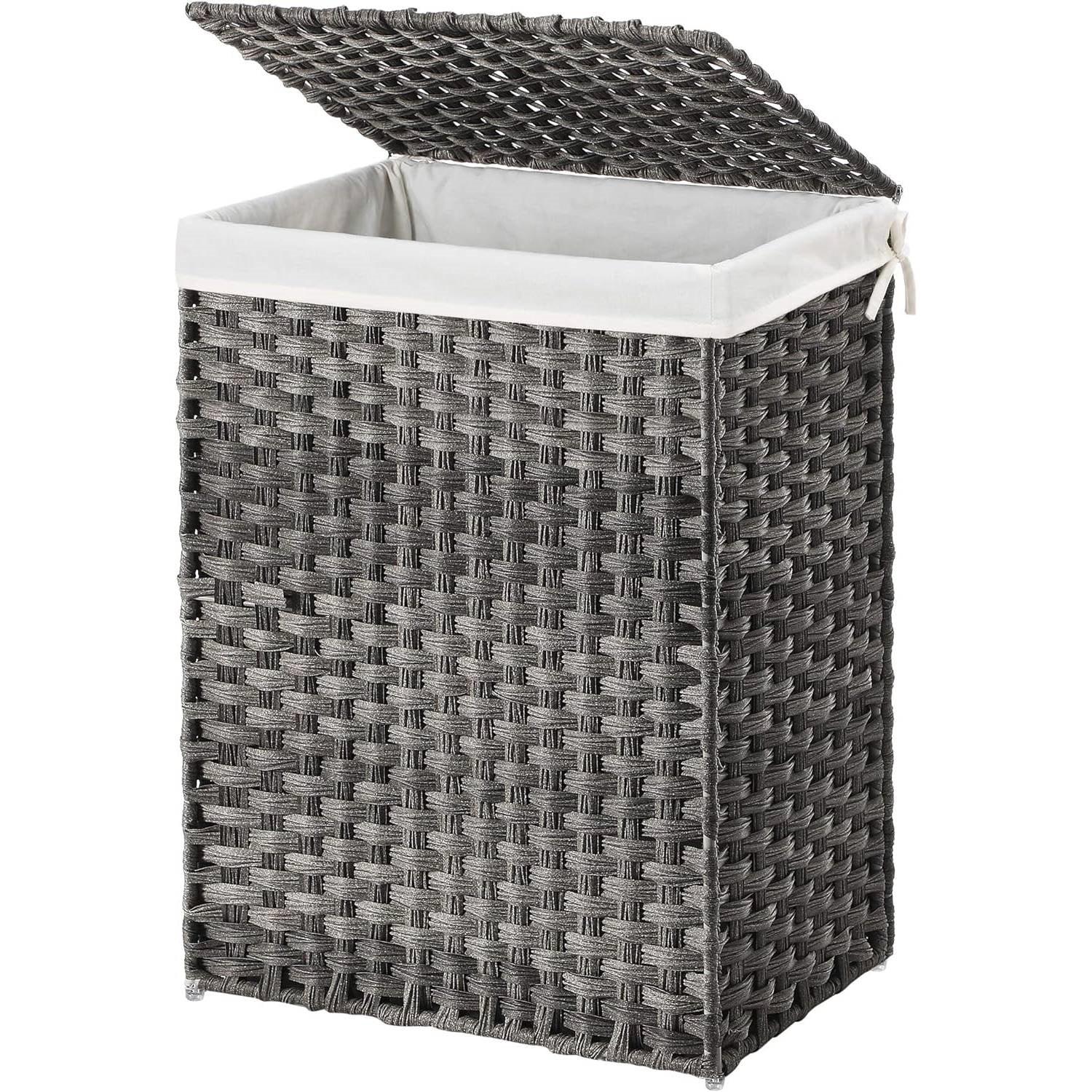 Grey Rattan Plastic Laundry Hamper Basket w/ Lid and Removable Cotton Liner Bag - PRHOMZ