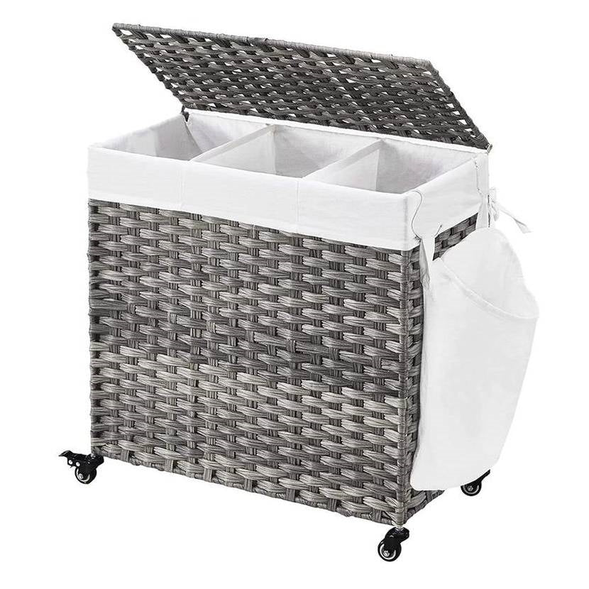 Handwoven Grey PP Rattan 3-Bag Laundry Basket Cart with Cotton Liner on Wheels-0
