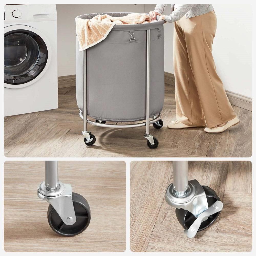 Round 45-Gallon Laundry Basket Hamper with Grey Fabric Bag Steel Frame on Wheels - PRHOMZ