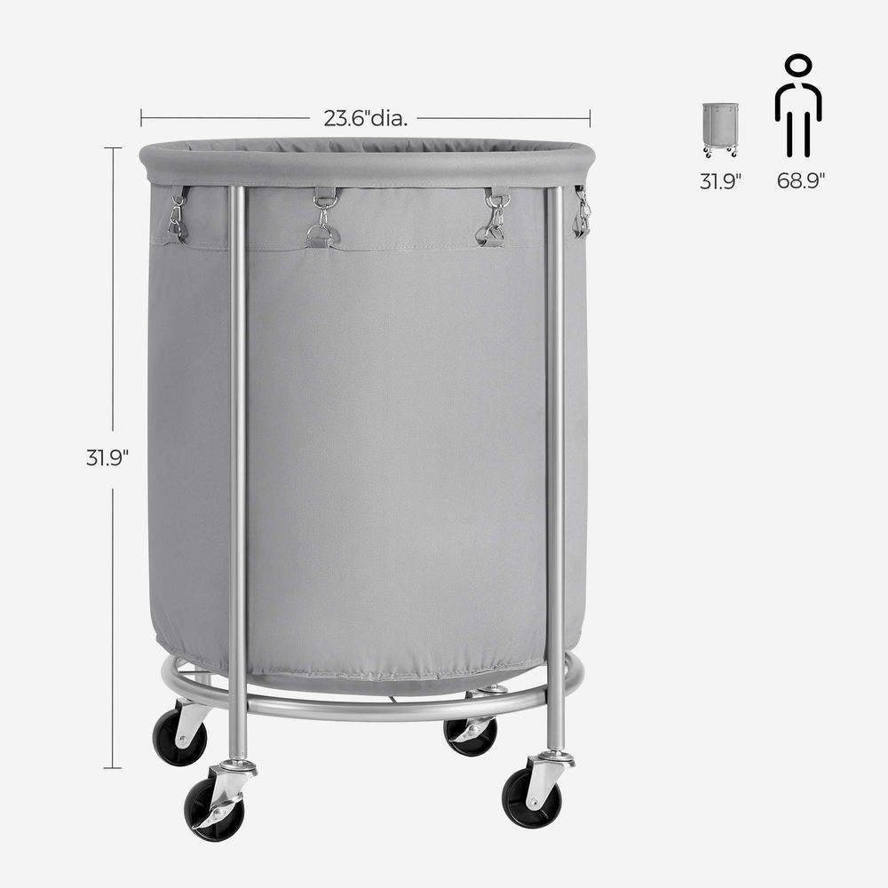 Round 45-Gallon Laundry Basket Hamper with Grey Fabric Bag Steel Frame on Wheels - PRHOMZ