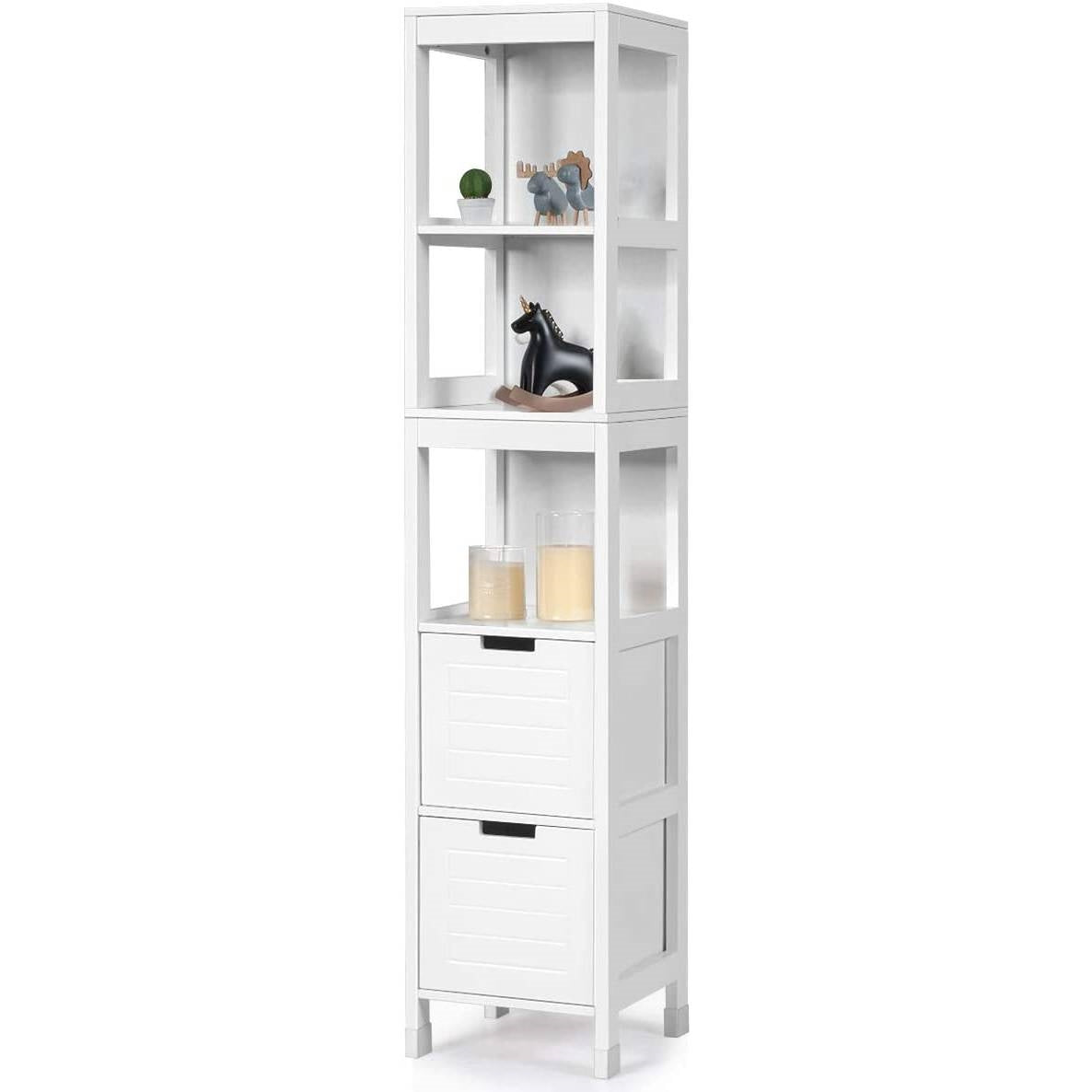 Bathroom Cabinet Tower with 2 Storage Drawers and 3 Shelves in White Wood Finish-0