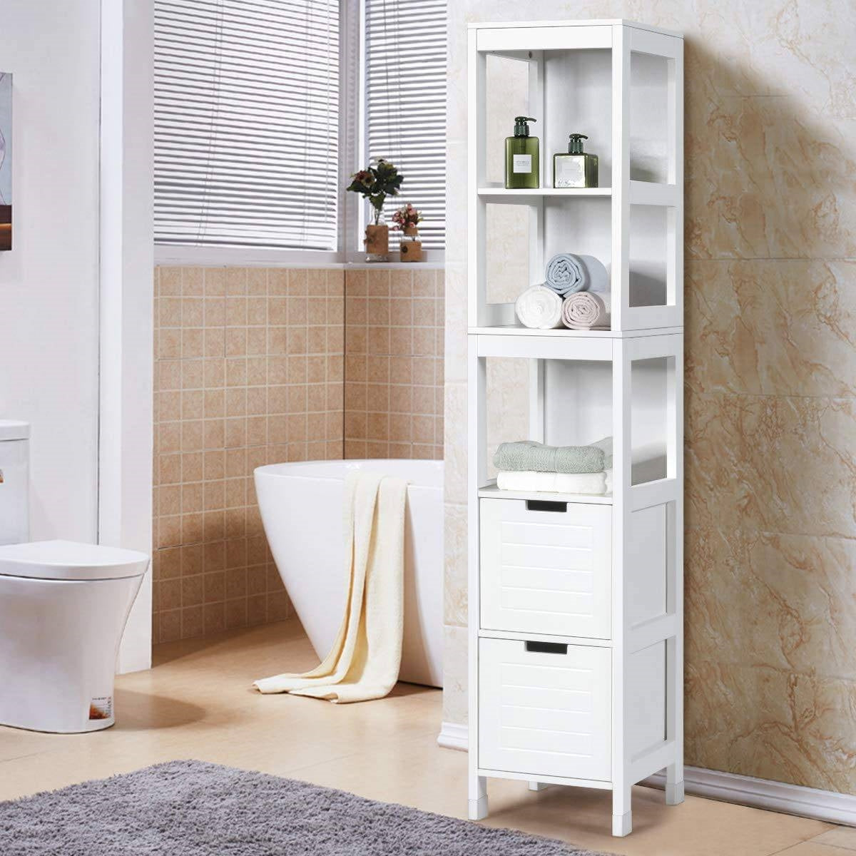 Bathroom Cabinet Tower with 2 Storage Drawers and 3 Shelves in White Wood Finish-1