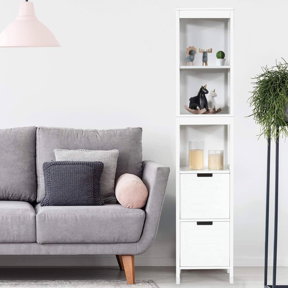 Bathroom Cabinet Tower with 2 Storage Drawers and 3 Shelves in White Wood Finish-2