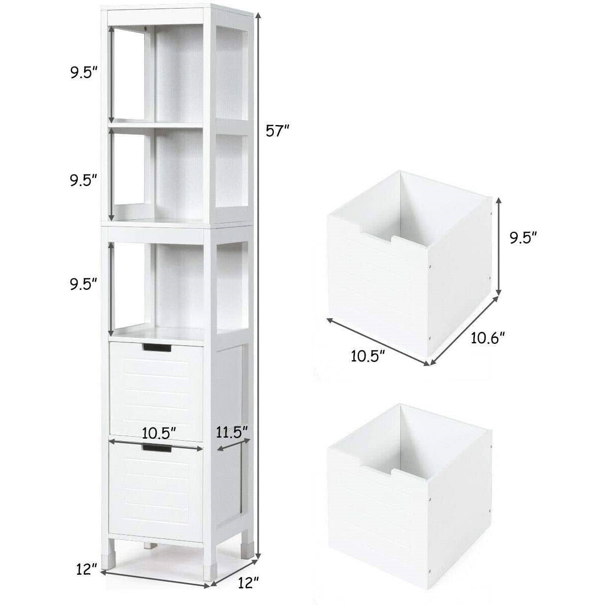 Bathroom Cabinet Tower with 2 Storage Drawers and 3 Shelves in White Wood Finish-4