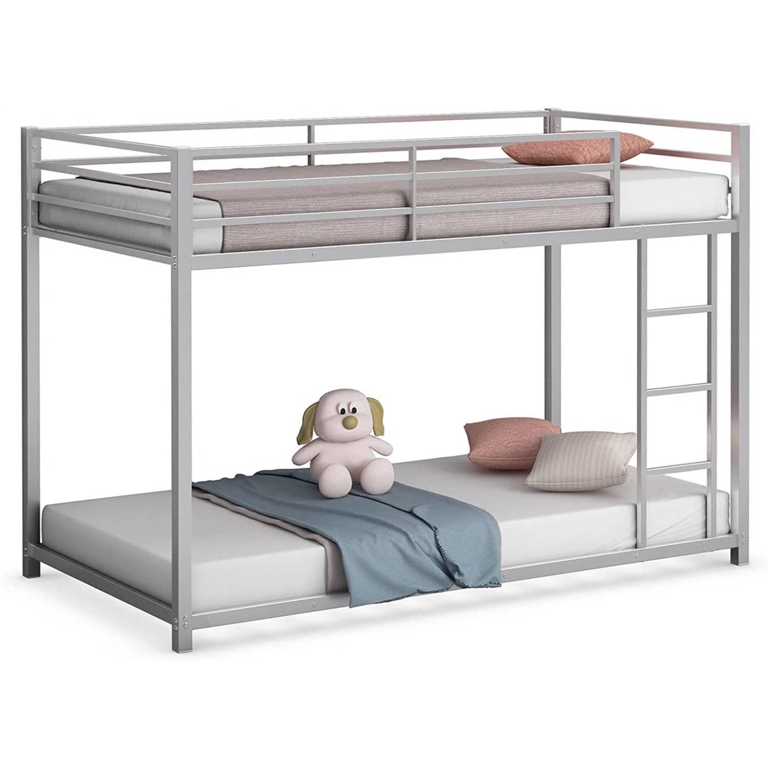 Twin over Twin Low Profile Modern Bunk Bed in Silver Metal Finish - PRHOMZ