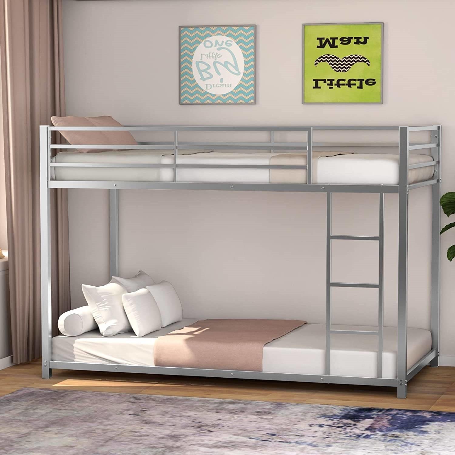 Twin over Twin Low Profile Modern Bunk Bed in Silver Metal Finish - PRHOMZ