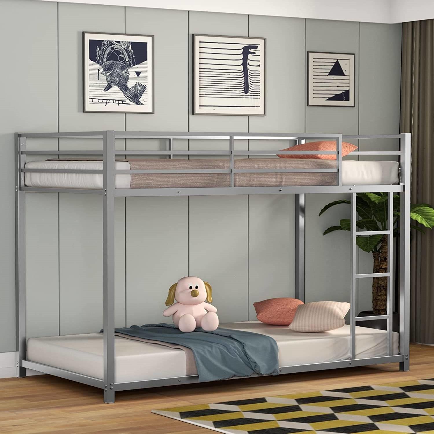 Twin over Twin Low Profile Modern Bunk Bed in Silver Metal Finish - PRHOMZ