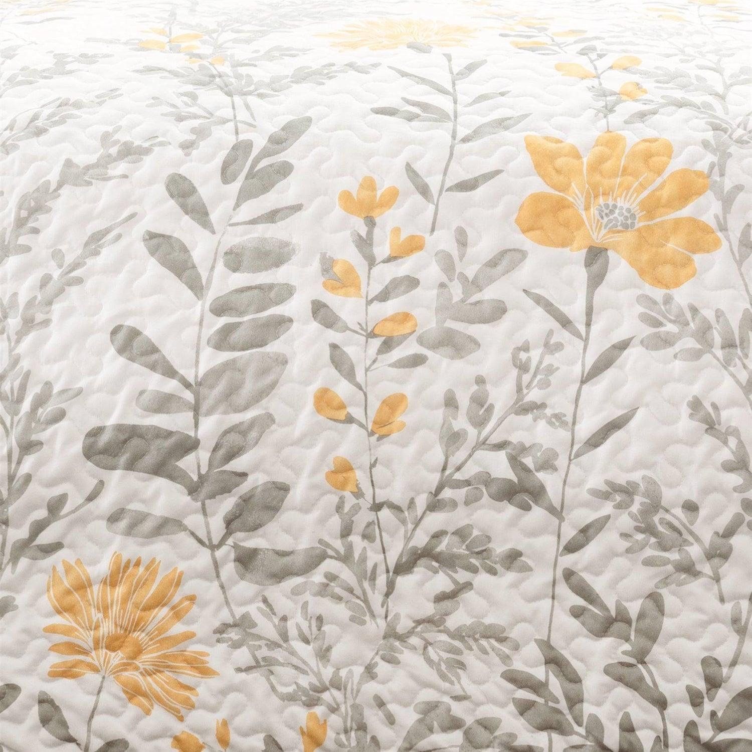 King size Yellow Grey Floral Light Thin Cotton Polyester Blend Quilt Set - PRHOMZ