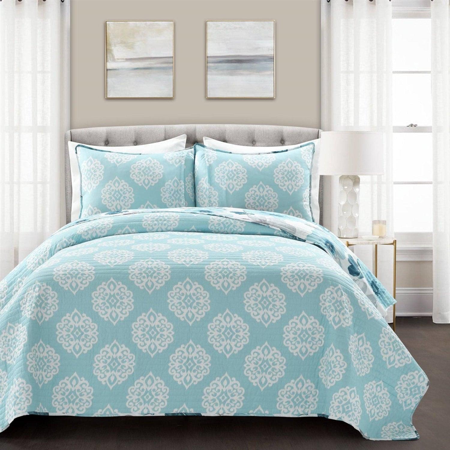 King size Blue Grey Flowers Lightweight Polyester Microfiber Quilt Set - PRHOMZ