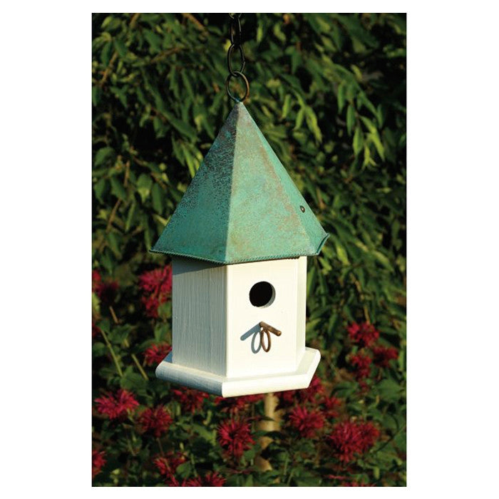 White Wood Bird House with Verdi Green Copper Roof - Made in USA-1