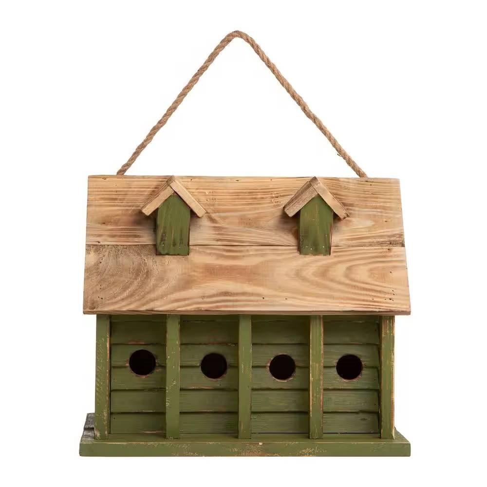 Green Wood Garden Bird House with 1 Compartment and 4 Holes - PRHOMZ