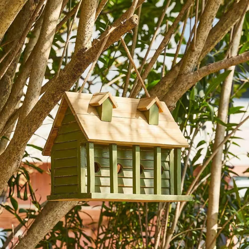 Green Wood Garden Bird House with 1 Compartment and 4 Holes - PRHOMZ