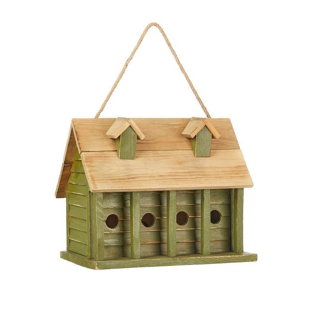 Green Wood Garden Bird House with 1 Compartment and 4 Holes - PRHOMZ