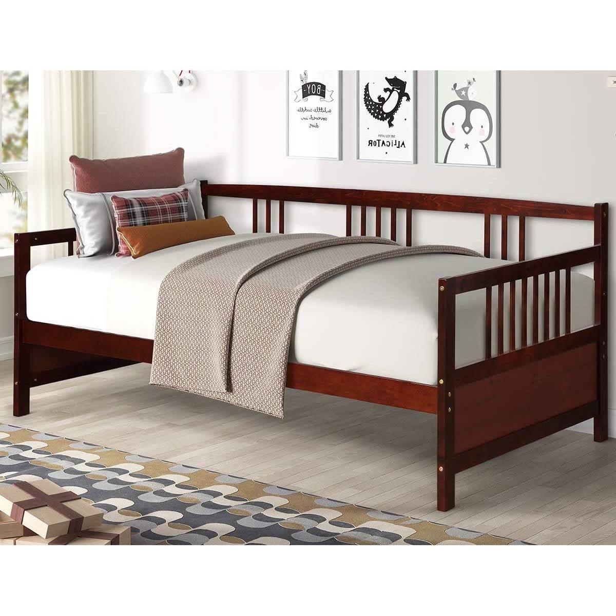 Twin size 2-in-1 Wood Daybed Frame Sofa Bed in Brown Cherry Finish - PRHOMZ