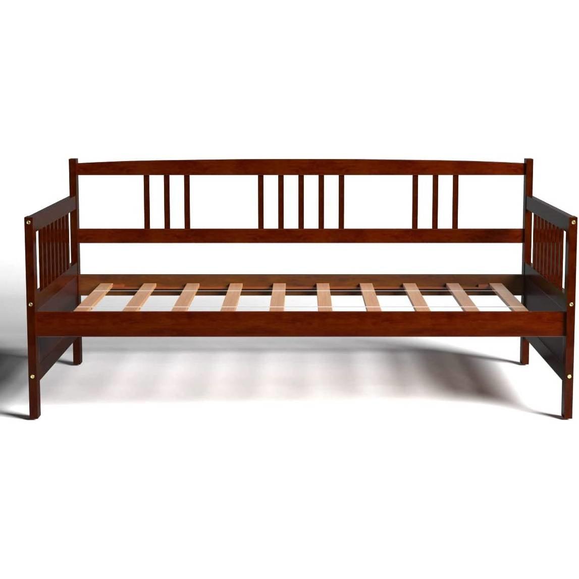 Twin size 2-in-1 Wood Daybed Frame Sofa Bed in Brown Cherry Finish - PRHOMZ