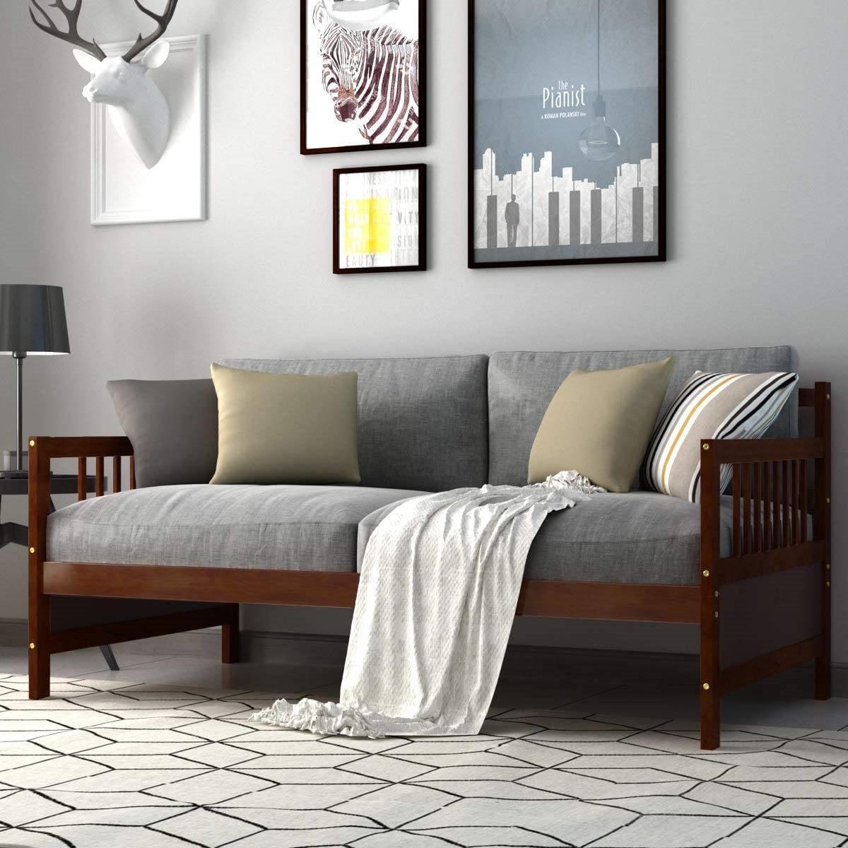 Twin size 2-in-1 Wood Daybed Frame Sofa Bed in Brown Cherry Finish - PRHOMZ