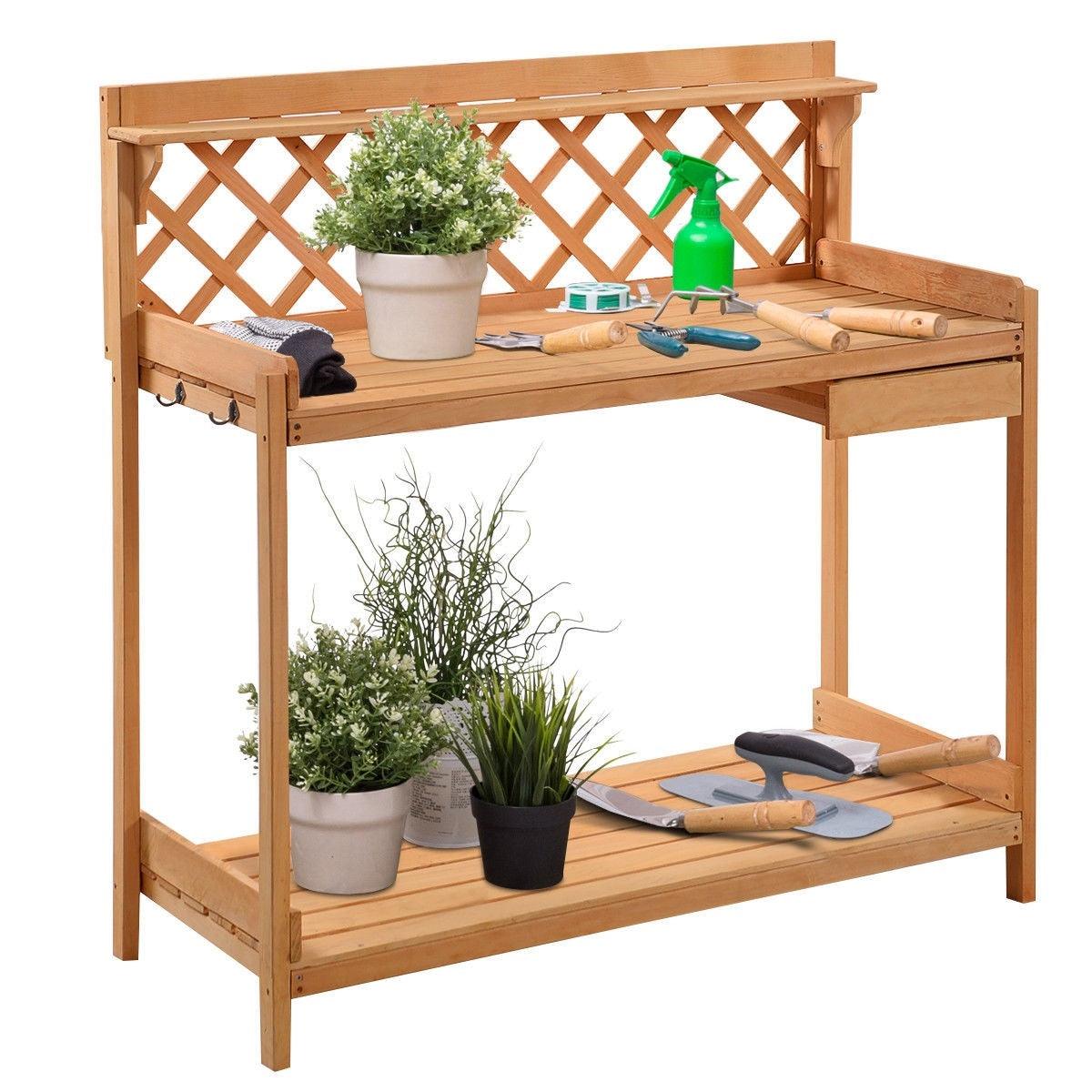 Outdoor Home Garden Wooden Potting Bench with Storage Drawer - PRHOMZ