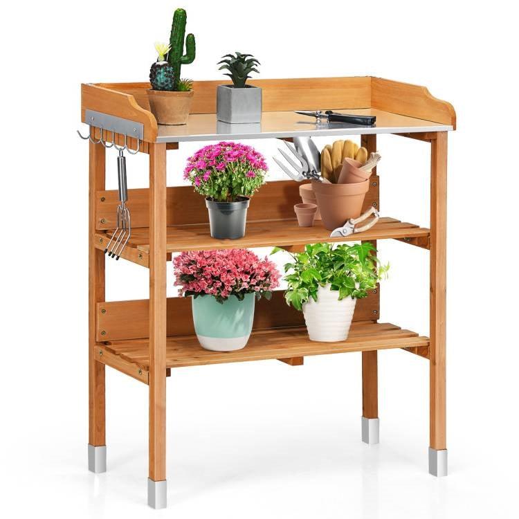 Solid Wood Outdoor Garden Bench Table with Bottom Storage Shelves and Metal Top - PRHOMZ