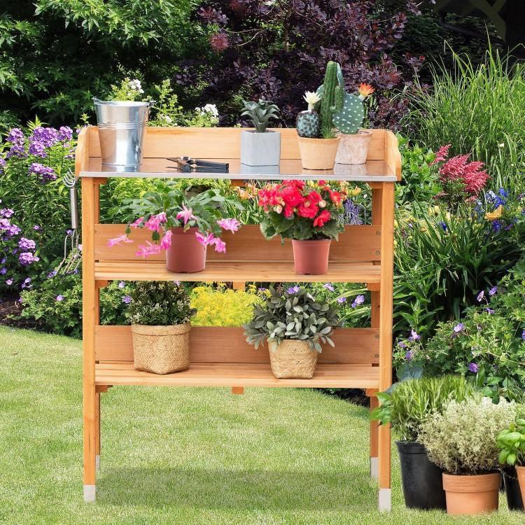 Solid Wood Outdoor Garden Bench Table with Bottom Storage Shelves and Metal Top - PRHOMZ