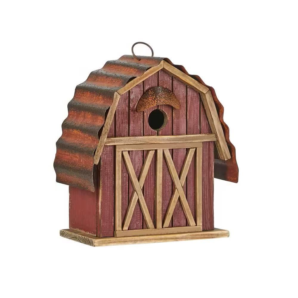 Outdoor Red Wood and Metal Barn Style Hanging Bird House - PRHOMZ
