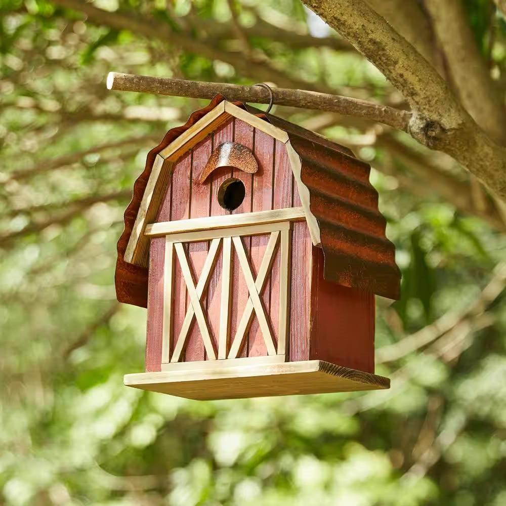 Outdoor Red Wood and Metal Barn Style Hanging Bird House - PRHOMZ