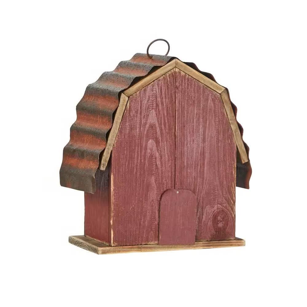 Outdoor Red Wood and Metal Barn Style Hanging Bird House - PRHOMZ