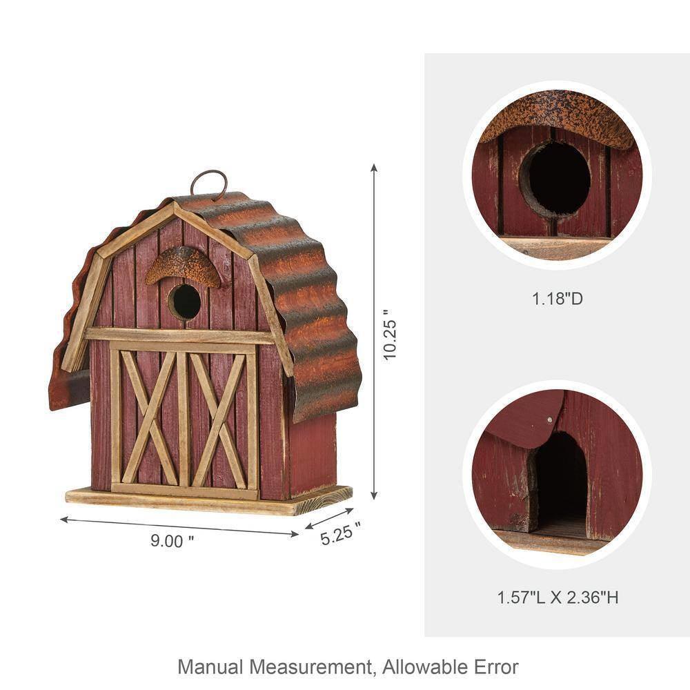 Outdoor Red Wood and Metal Barn Style Hanging Bird House - PRHOMZ
