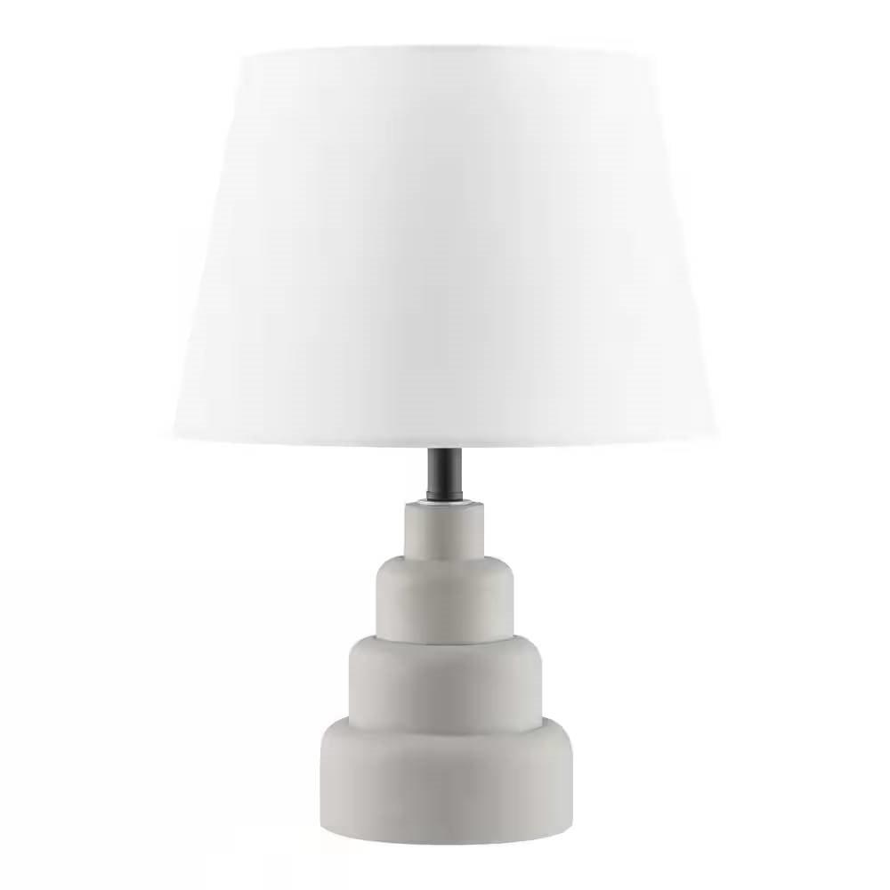Small Grey Desk Light Table Lamp with White Fabric Shade for Bedside Nightstand - PRHOMZ