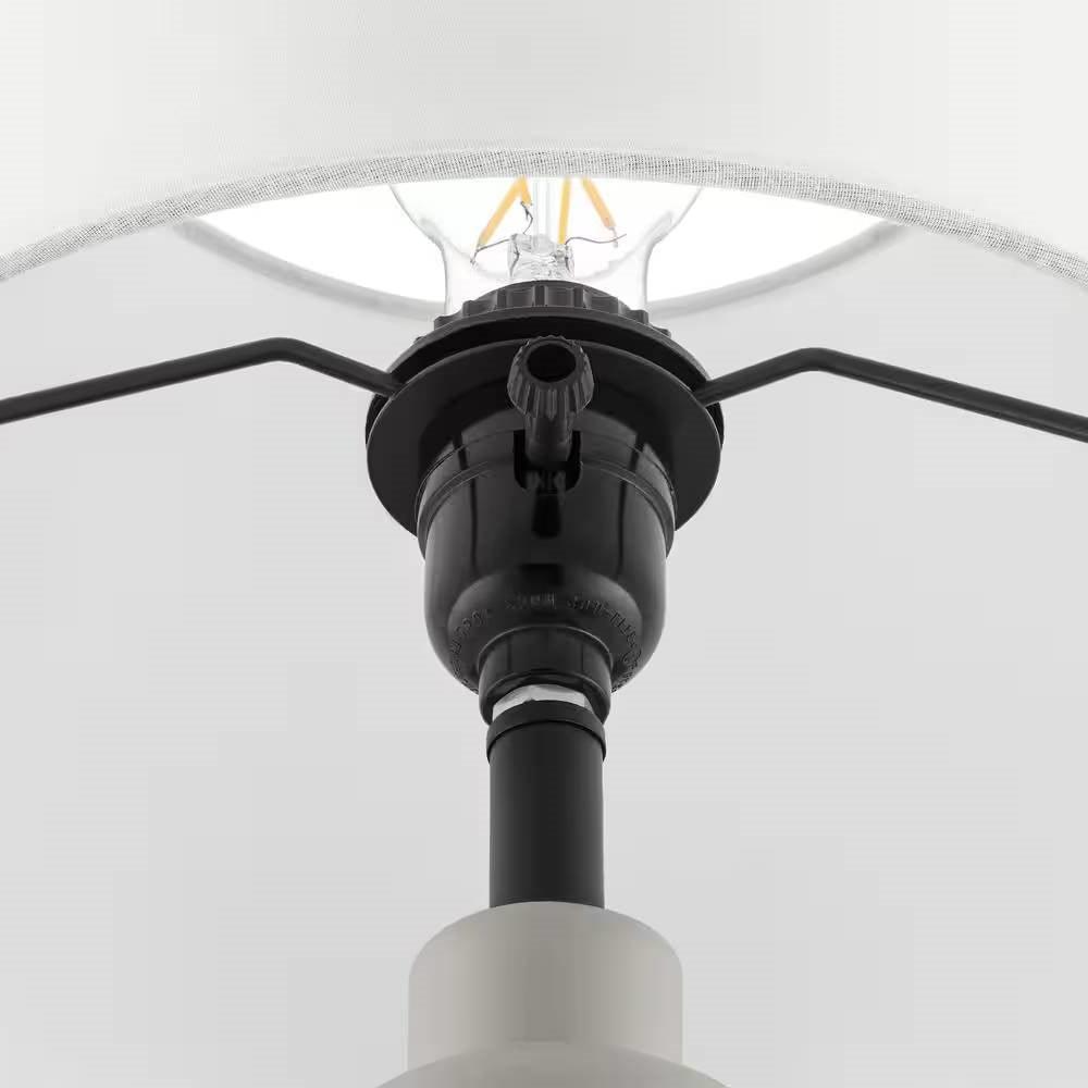 Small Grey Desk Light Table Lamp with White Fabric Shade for Bedside Nightstand - PRHOMZ