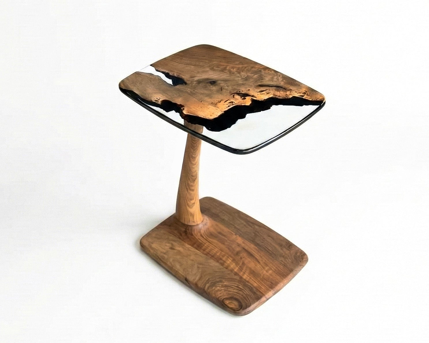 C-Shaped Walnut & Resin End Table with Wheels