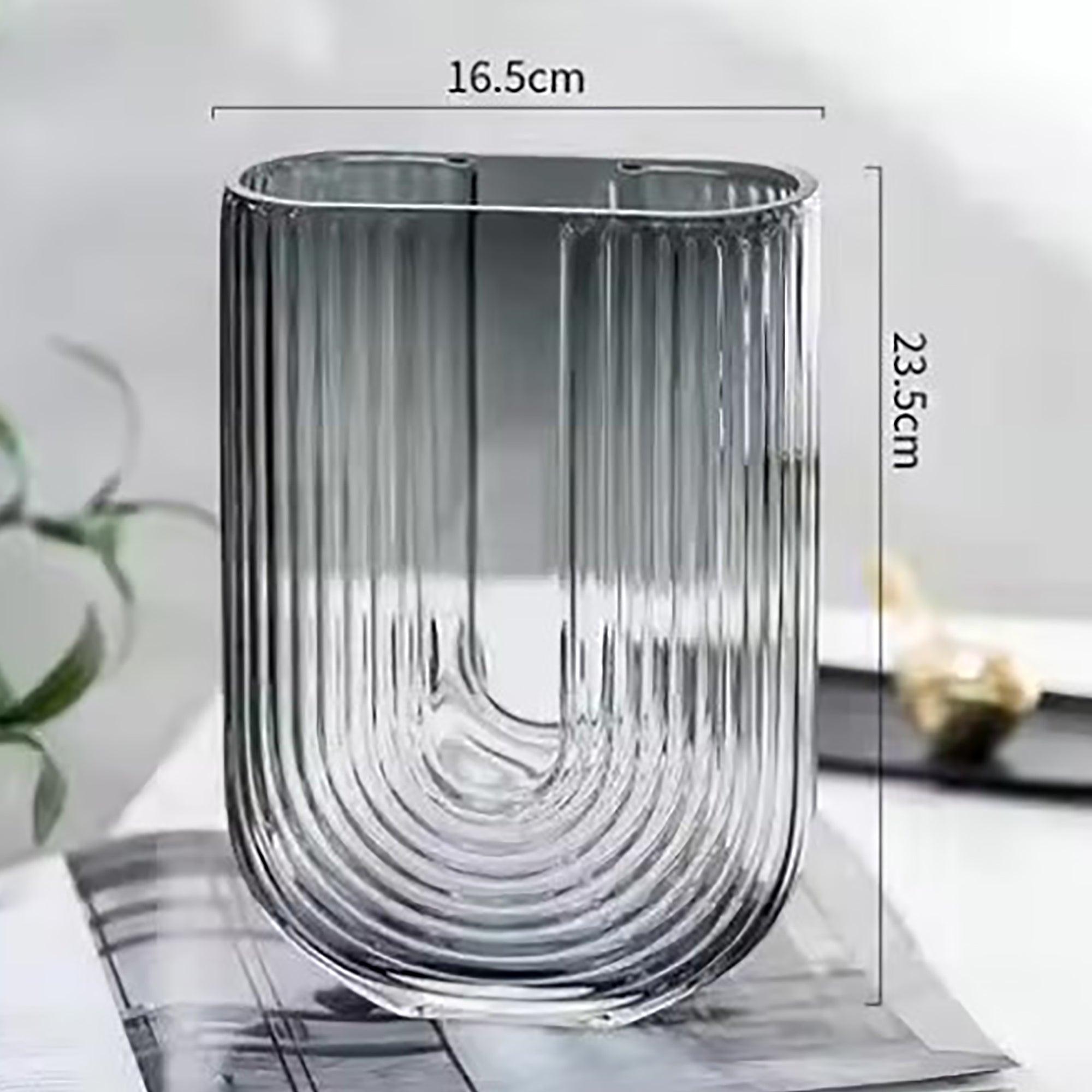 Ribbed U Shaped Glass Vase-Large-Grey - PRHOMZ