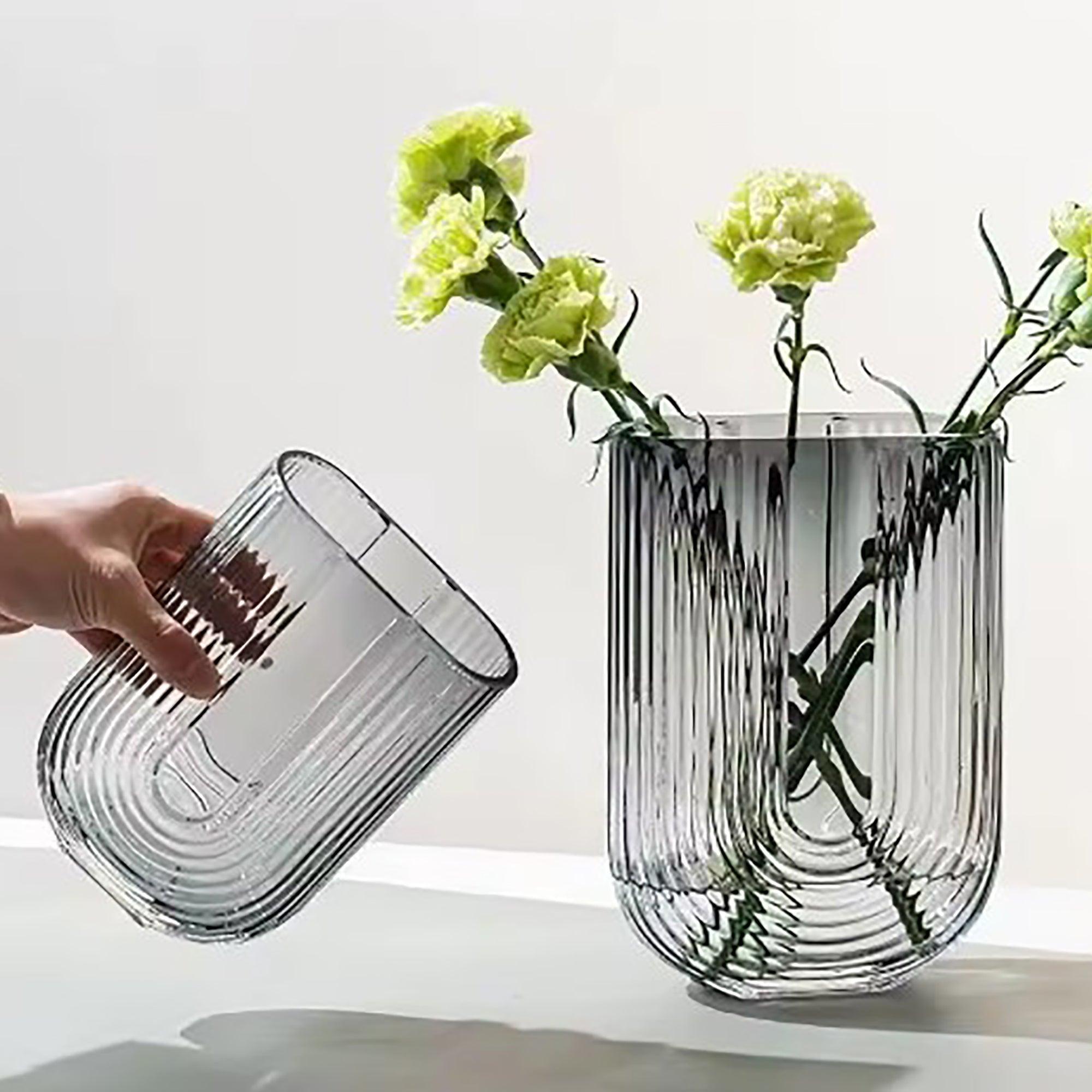 Ribbed U Shaped Glass Vase-Medium-Grey - PRHOMZ
