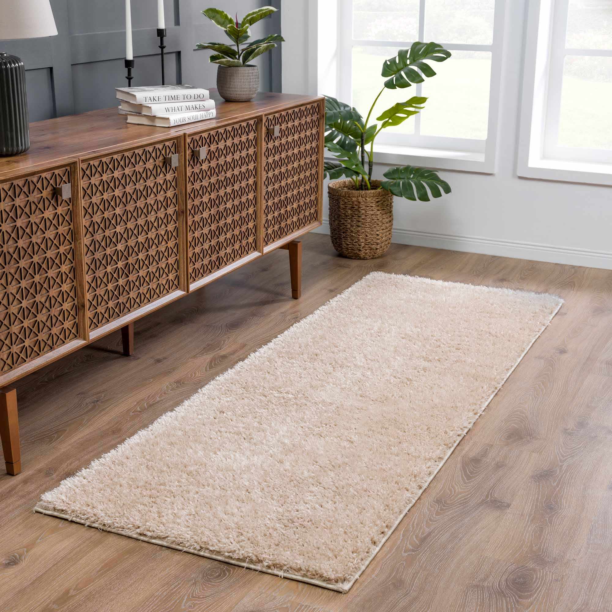 Faina Solid Beige Shag Rug Washable