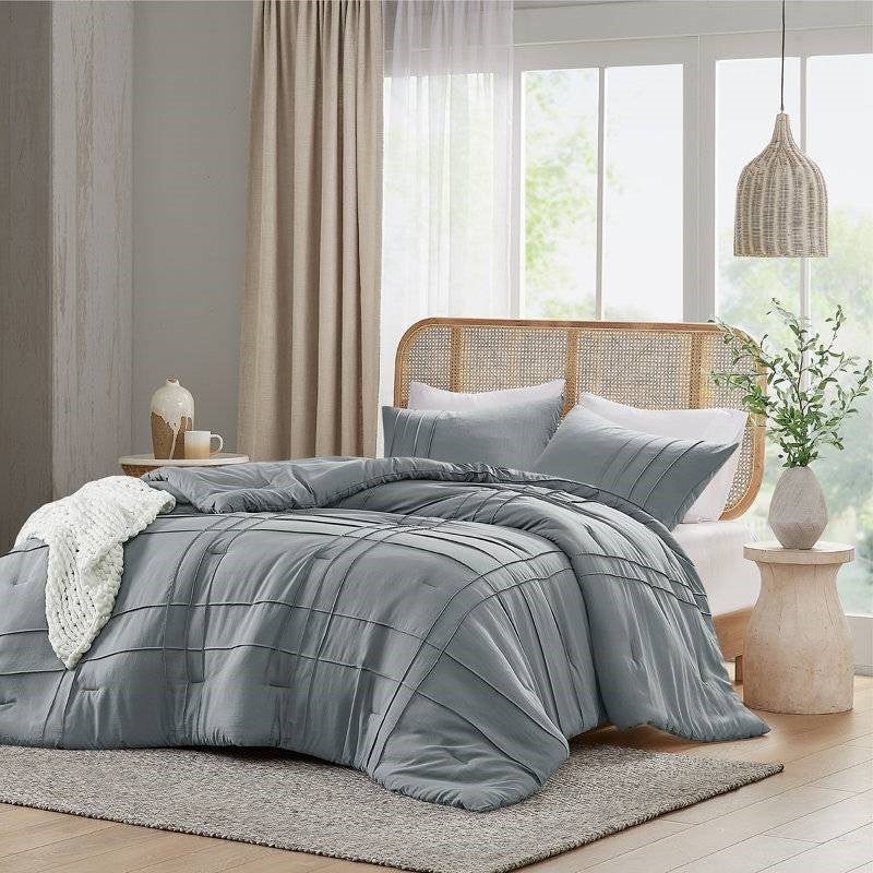 Twin/Twin XL Pleated Pre-Washed Microfiber Comforter Set in Blue Grey-0