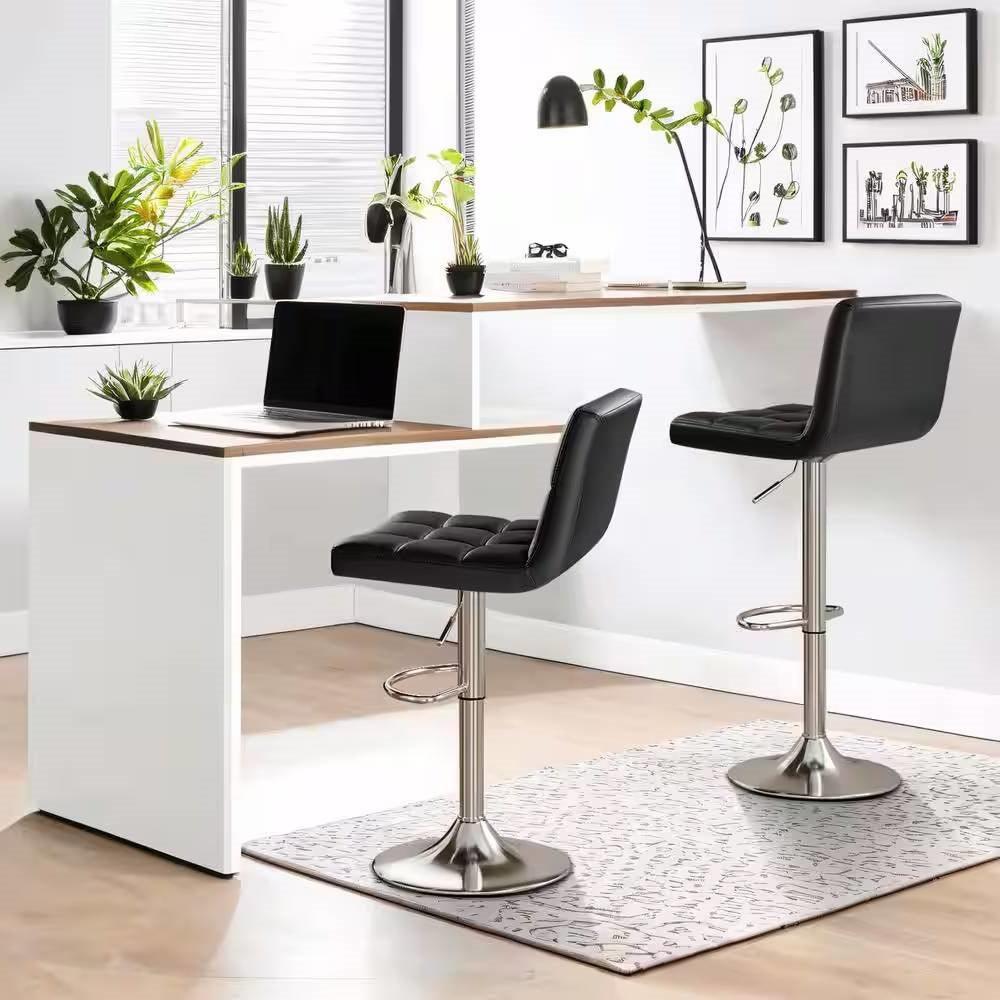 Set of 2- Black Faux Leather Barstool with Low Back Swivel Seat - PRHOMZ