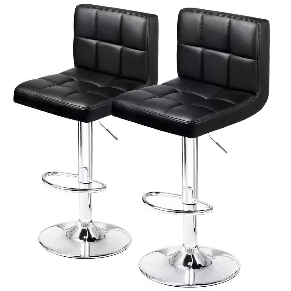 Set of 2- Black Faux Leather Barstool with Low Back Swivel Seat - PRHOMZ