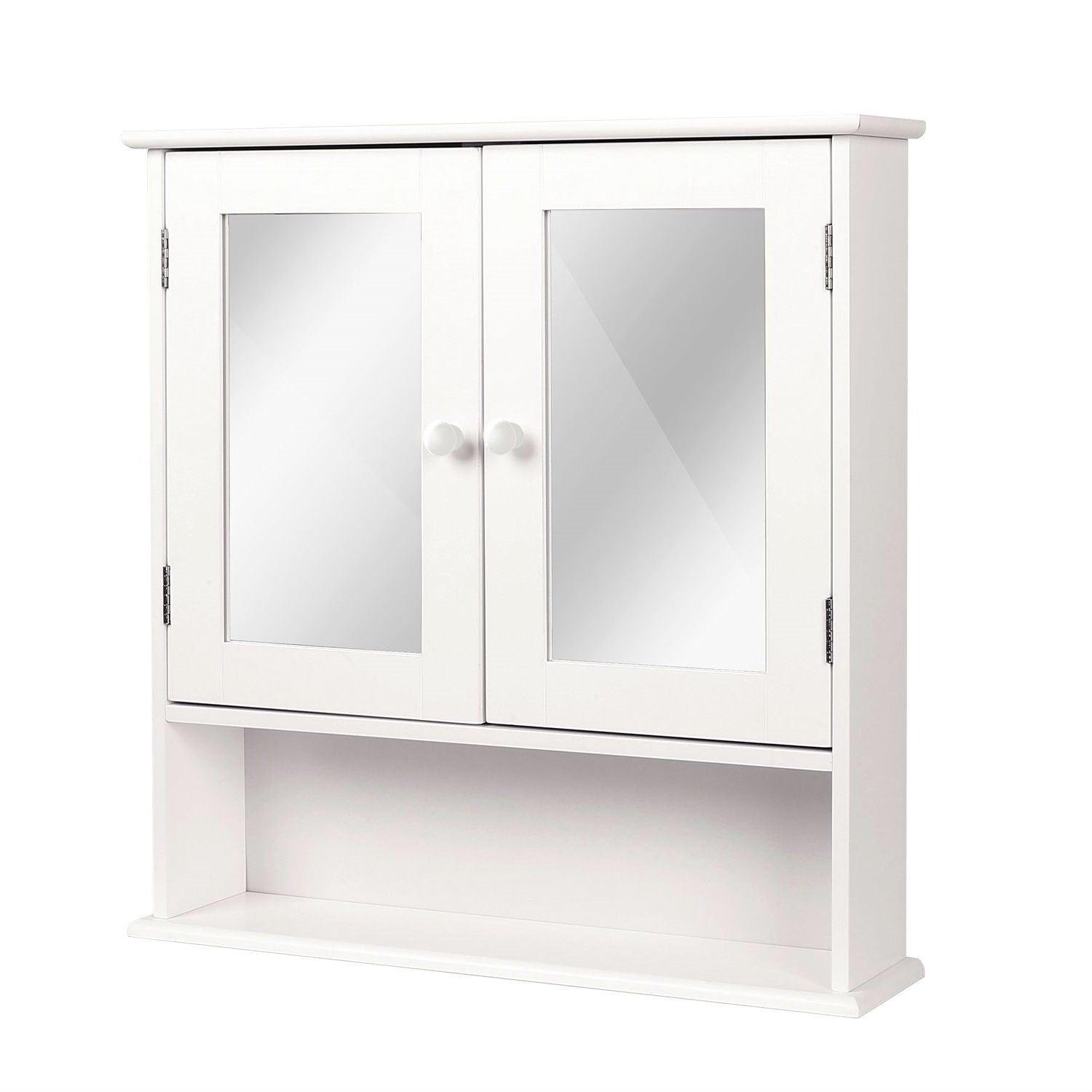 White 2-Door Mirrored Medicine Cabinet with Open Shelf - PRHOMZ