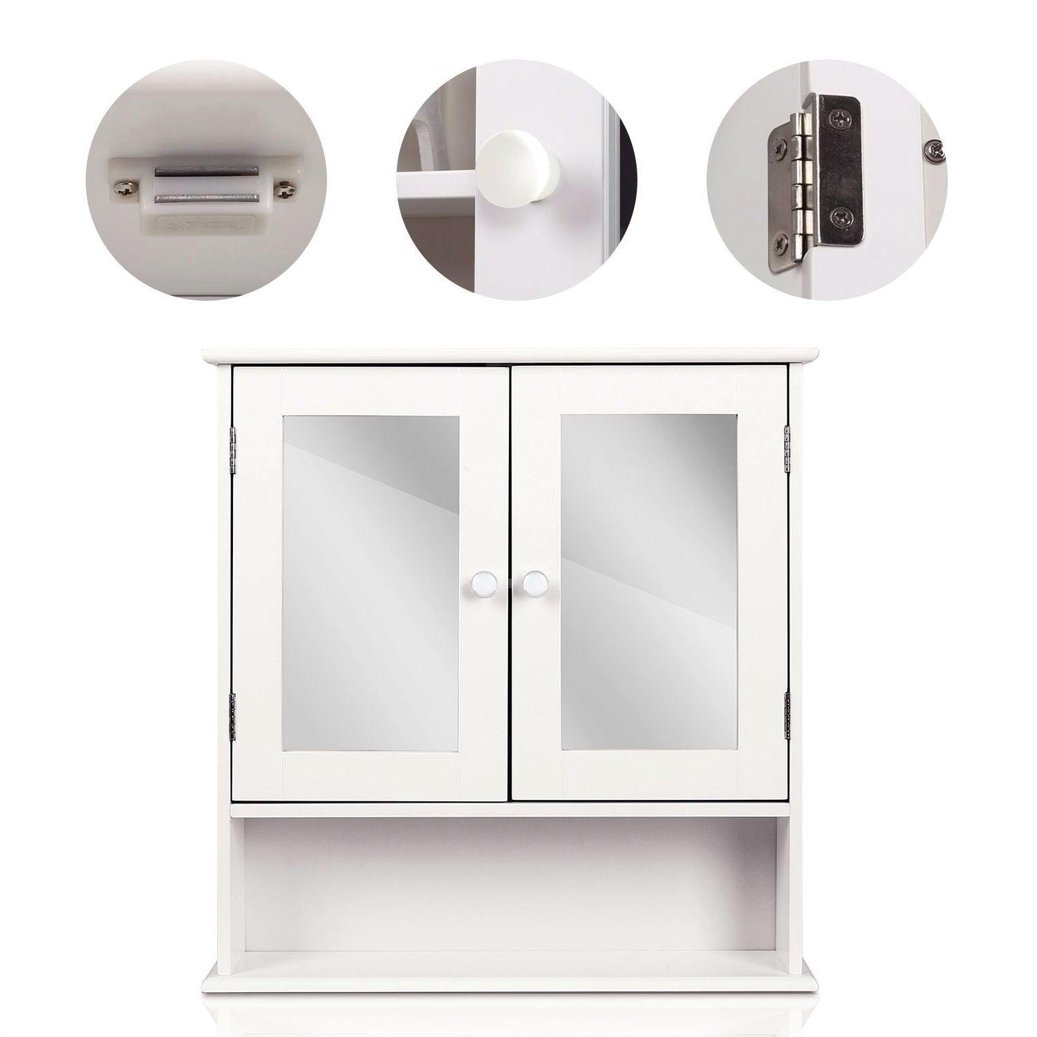 White 2-Door Mirrored Medicine Cabinet with Open Shelf - PRHOMZ