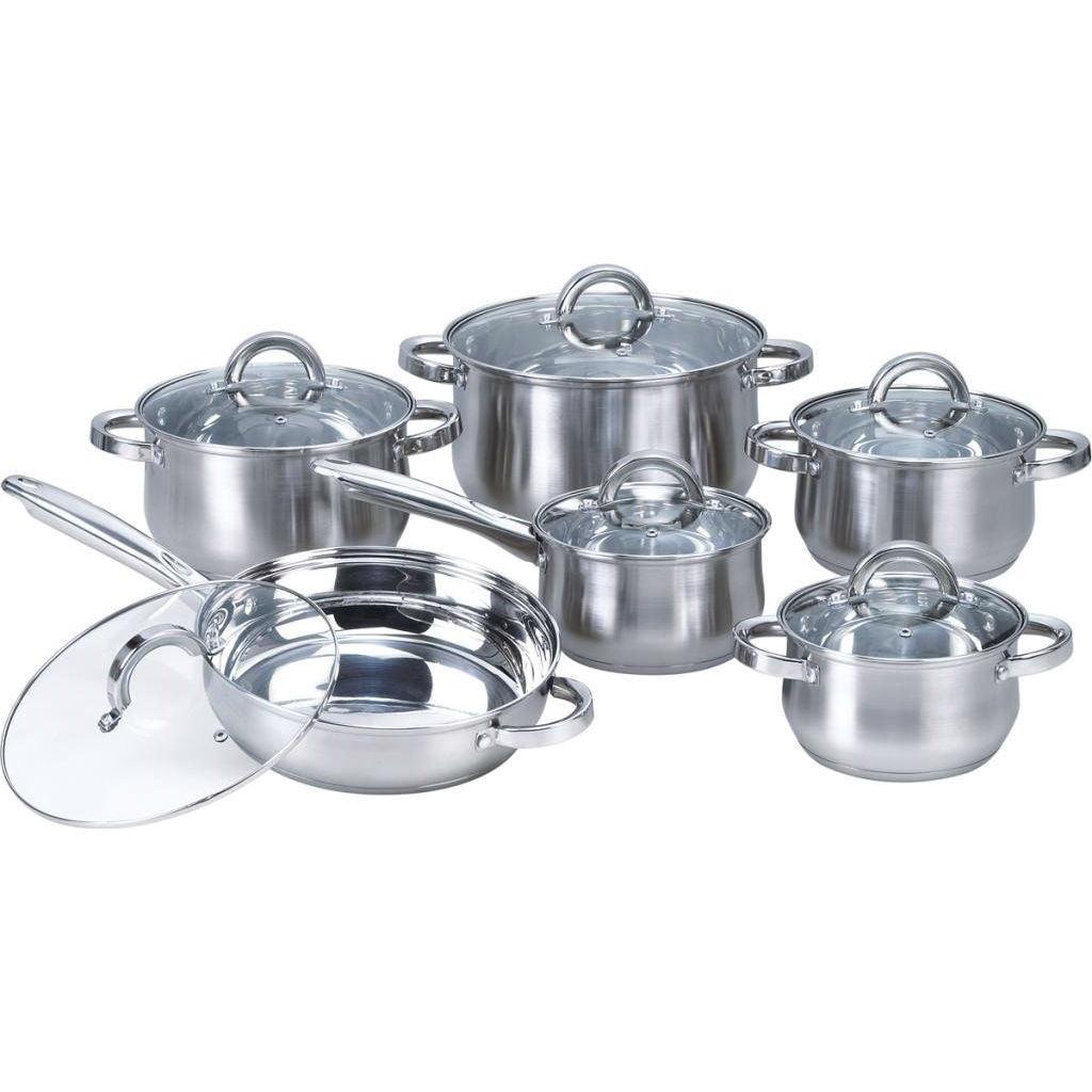 12-Piece Stainless Steel Cookware Set with Casseroles Frying Pan and Saucepan - PRHOMZ