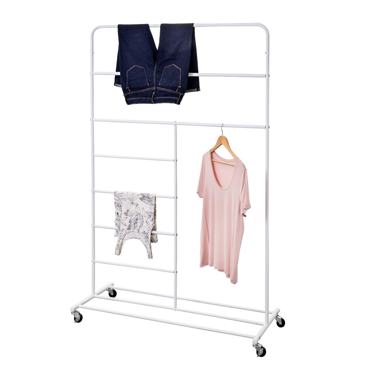 White Rolling Multi Use Laundry Clothes Drying Rack - PRHOMZ