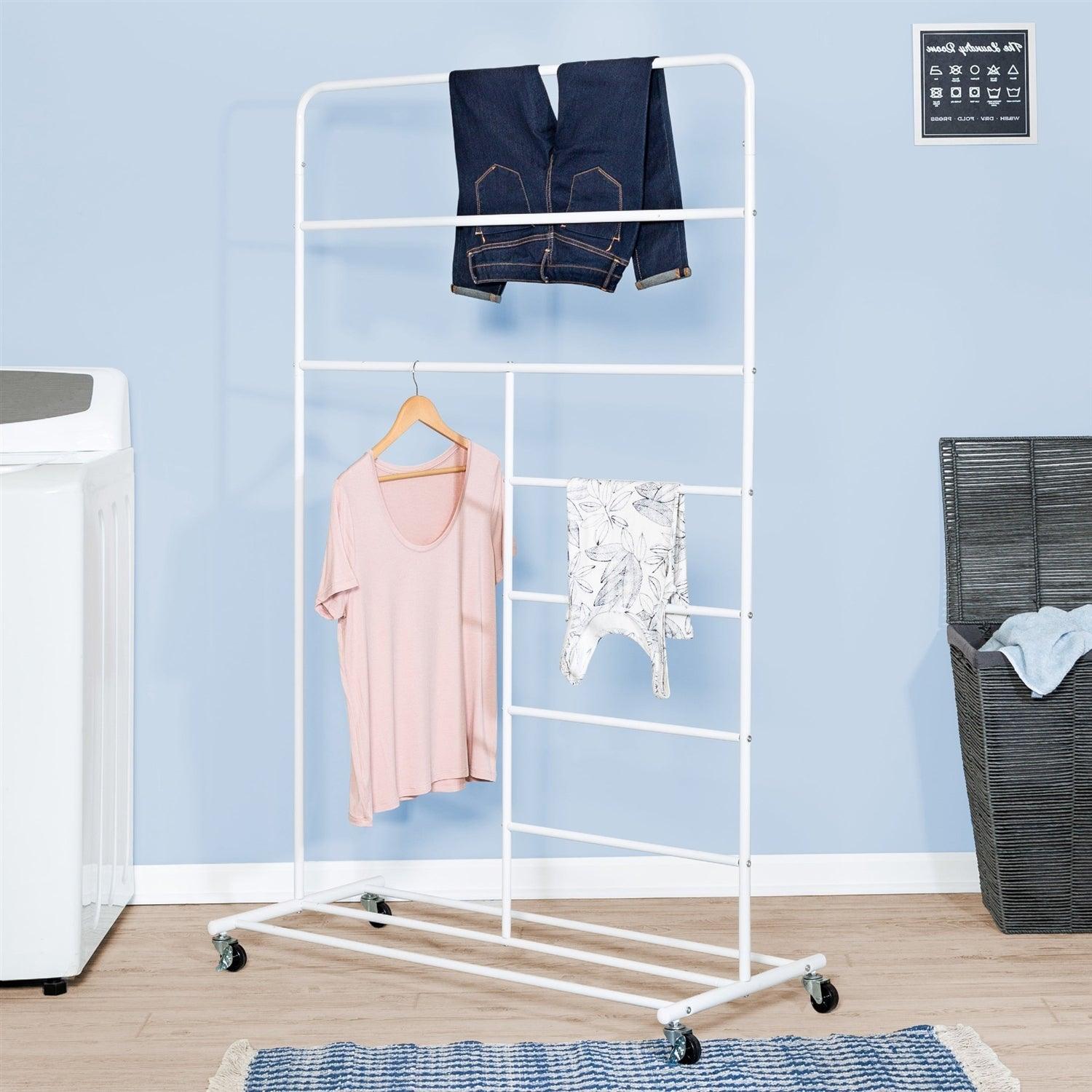 White Rolling Multi Use Laundry Clothes Drying Rack - PRHOMZ