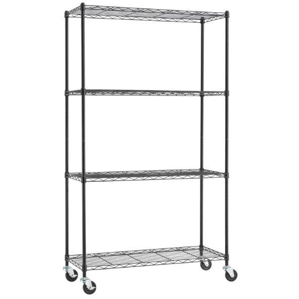 Heavy Duty Black Steel 4-Tier Shelving Unit with Locking Casters - PRHOMZ