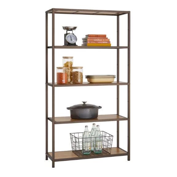 Heavy Duty 5-Shelf Steel Frame Shelving Unit with Bamboo Shelves - PRHOMZ