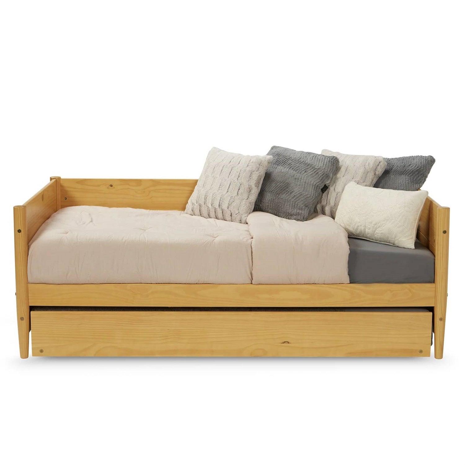 Twin Solid Wood Daybed with Roll Out Trundle Bed Frame in Light Yellow Brown - PRHOMZ
