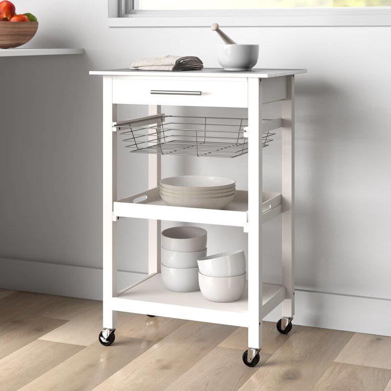 White Stainless Steel Top Kitchen Cart with Drawer and Storage Shelves - PRHOMZ