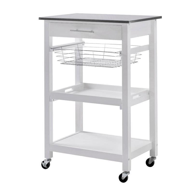 White Stainless Steel Top Kitchen Cart with Drawer and Storage Shelves - PRHOMZ