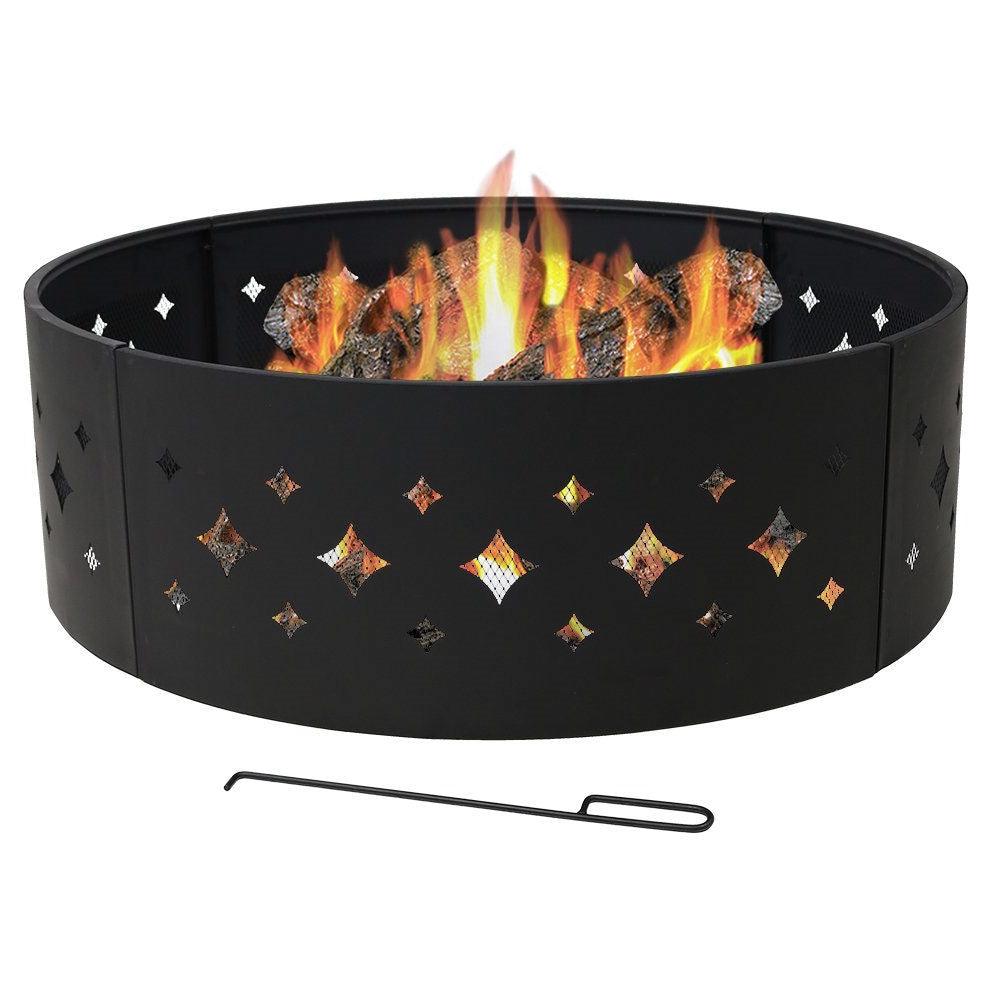Heavy Duty 36-inch Black Steel Fire Pit Ring with Diamond Pattern - PRHOMZ